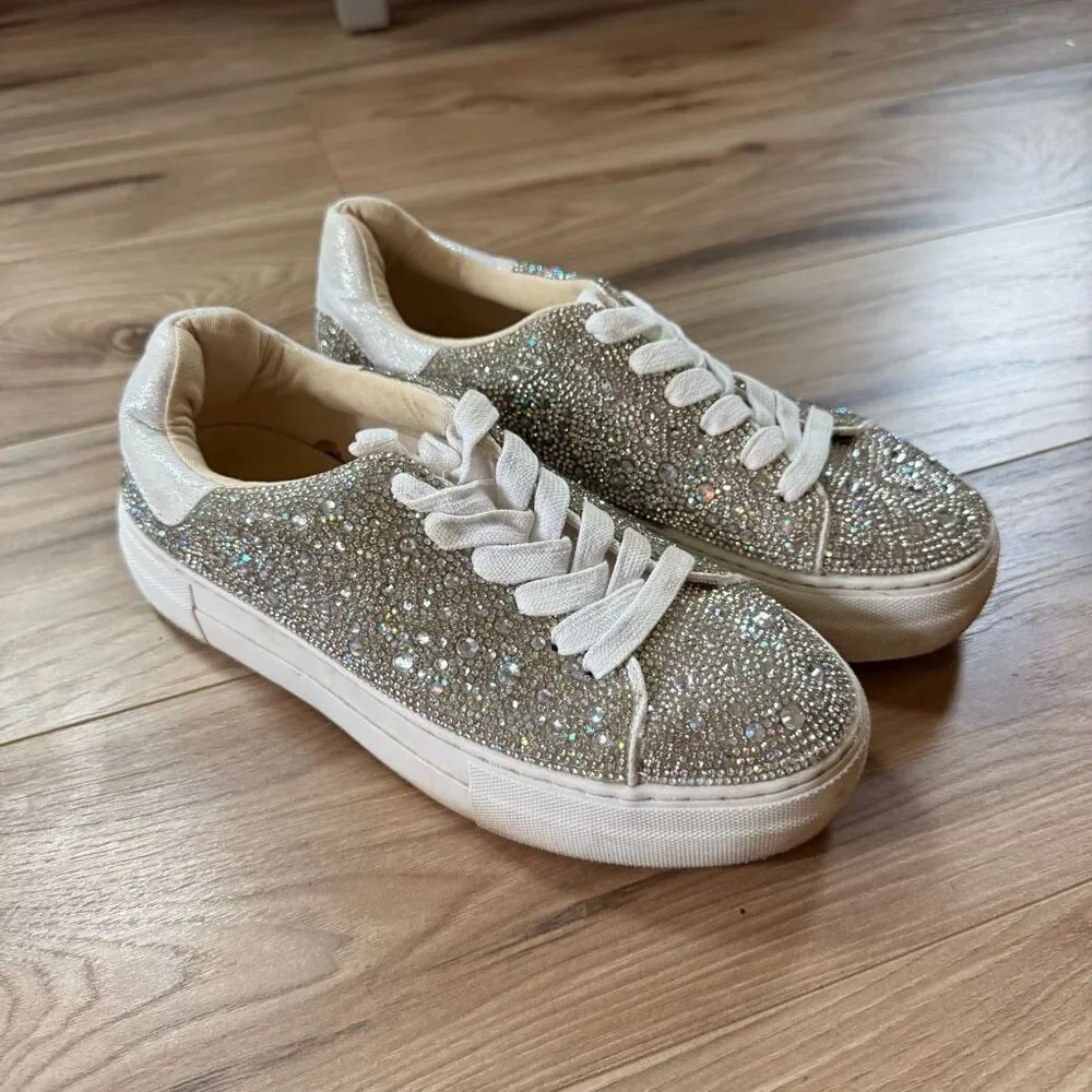 Betsey Johnson Women’s White Silver Sidny Platform Rhinstone Sneaker Size 6.5M